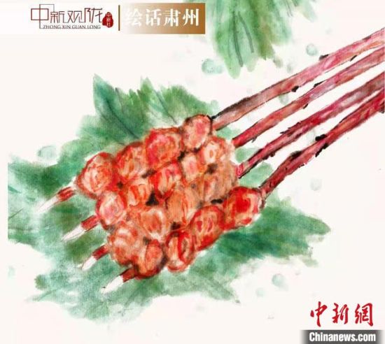 圖為酒泉美食“紅柳烤肉”繪畫作品?！《排d彥 攝