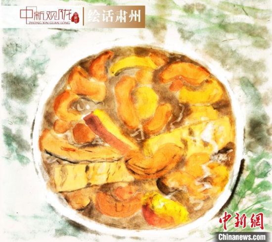 圖為酒泉美食“糊鍋”繪畫作品。　杜興彥 攝