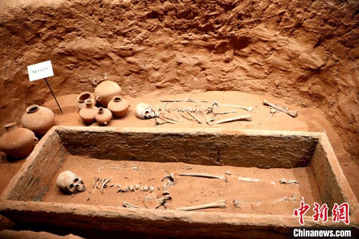 圖為河湟文化博物館復制展陳的墓葬及其彩陶陪葬品。　薛蒂 攝