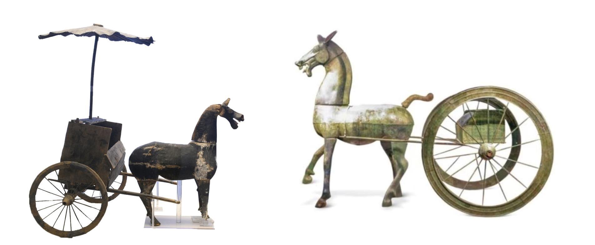 △左為漢代木軺車，藏于青海省博物館；右為東漢銅車馬，藏于黔西南州博物館。